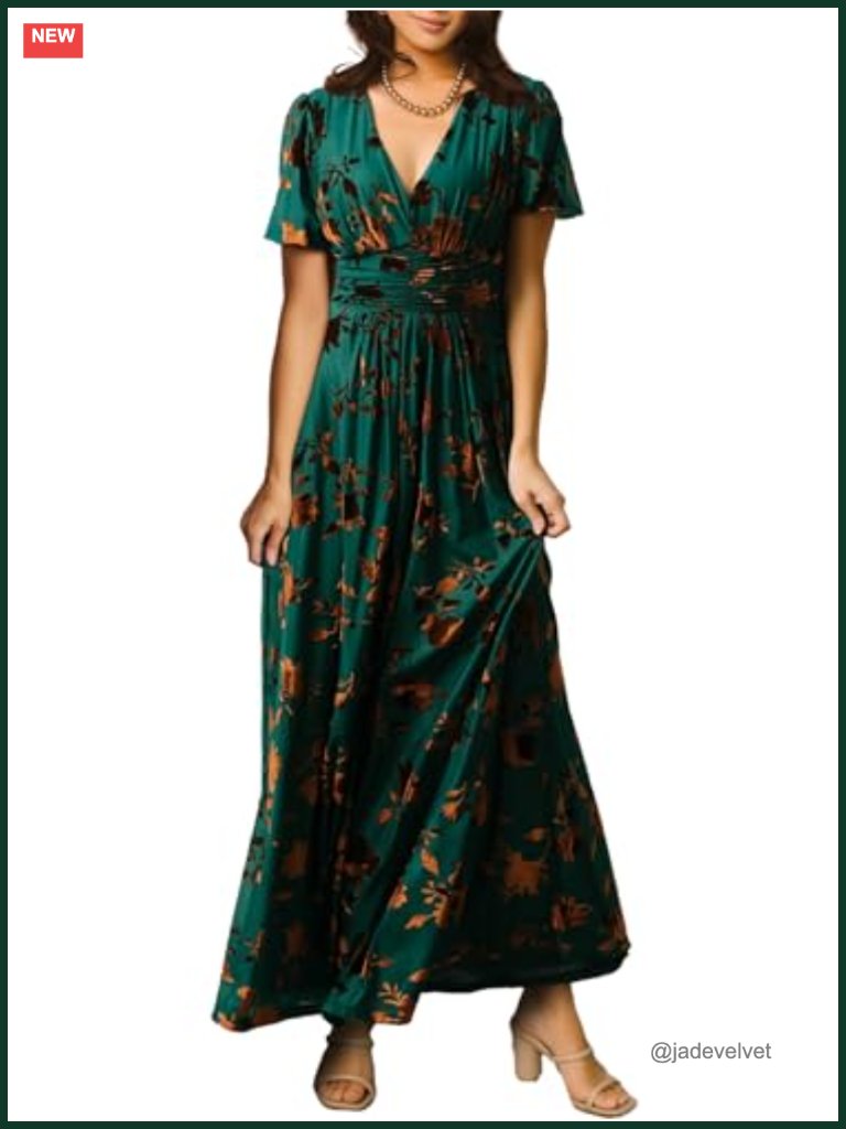 Women's Velvet Maxi Dress V-Neck Short Sleeve Empire Waist Formal Long Gown